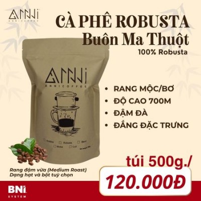 Cà phê Robusta nguyên chất 100% rang mộc vị đắng đậm, nhiều caffeine, không chua gói 500g Anni Coffee